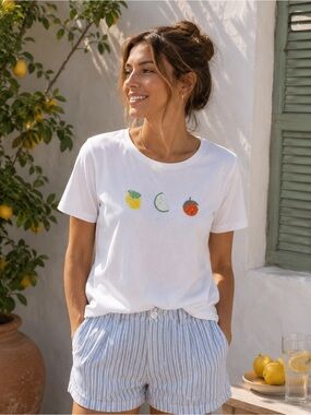 NWT Women’s Medium | LIV Milano | White Beaded Fruit Lemon Lime Graphic Tee